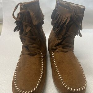 New Altar'd State Brown Suede Fringe Round Toe Side Zipper Flat  Boots Size 8